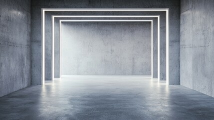 Poster - Modern empty exhibition space with glowing frame lights illuminating concrete walls, creating a minimalist and futuristic atmosphere