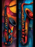Two Saxophones Diptych In Abstract Stained Glass Style, Colorful Red Orange Blue, Jazz Music Art For Poster Or Decor