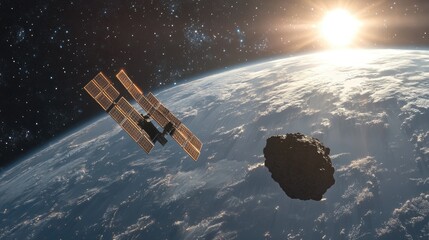 Wall Mural - Orbital station and asteroid in space panorama.