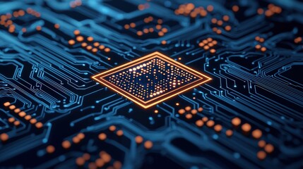 Aufkleber - Glowing cpu processing data on futuristic blue circuit board, symbolizing artificial intelligence and advanced computing