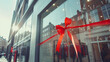 © Zhang - Grand opening of a modern boutique with red ribbon cutting ceremony, clean glass storefront and minimalist decor with copy space. New business launch, retail shop concept, luxury shopping experience a