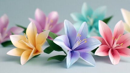 Poster - Colorful origami pastel color flowers, spring lilies paper petals, folded arts and crafts