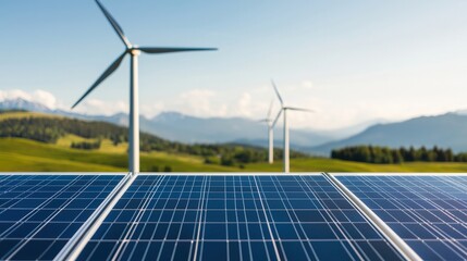 Poster - Solar panels in the foreground with wind turbines and mountains in the background generating clean energy