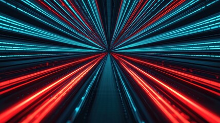 Aufkleber - Red and blue glowing lines converge in a futuristic virtual environment, symbolizing dynamic high-speed data transmission