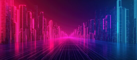 Aufkleber - Futuristic cyberpunk cityscape with glowing neon buildings lining an empty road, creating a vibrant and otherworldly urban scene
