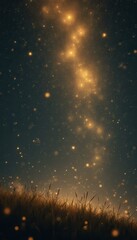 Aufkleber - A night scene features a dark, starry sky filled with golden constellations and celestial patterns, with ground-level meadow grasses