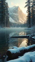 Aufkleber - tranquil winter lake scene with snow-covered mountain and forest reflections at sunrise