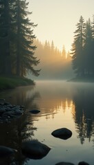 Poster - Misty Lakeside Dawn: Sunlit Forest Reflections on Calm Water with Shoreline Rocks and Evergreen Trees