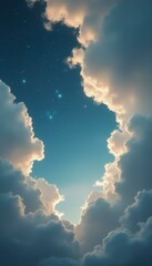 Poster - Night Sky Peeking Through Dreamy Clouds with Starry Lights and Celestial Radiance