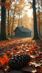 Poster - Autumn serenity: Pine cone, maple leaf, cabin, and forest landscape with golden leaves in natural light.