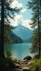 Aufkleber - tranquil lake surrounded by lush forest and majestic mountains on a sunny day