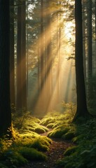 Aufkleber - Breathtaking Sunlight Filtering Through a Verdant Forest with Mossy Ground and a Winding Path
