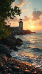 Poster - Coastal lighthouse at dawn, waves washing rocky shore, golden sunlight on water, creating a tranquil marine scene.