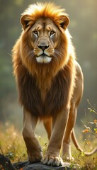 Poster - Majestic Lion Portrait in Golden Light: A Wild Animal in Natural Habitat, Featuring Powerful Feline with Intense Gaze