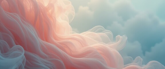 Poster - Abstract ethereal background with flowing pink fabric and soft blue hues creating a dreamy, tranquil aesthetic