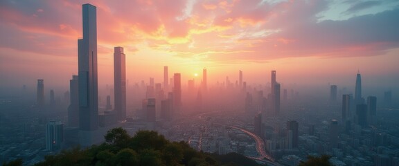 Poster - Futuristic Cityscape at Sunset: Towering Skyscrapers Emerge from Haze in a Warm Light