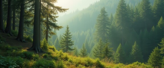 Poster - Misty Forest Canopy with Towering Evergreen Trees and Lush Undergrowth - A Serene Woodland Landscape