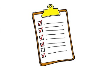 Wall Mural - Hand-drawn vector illustration of a clipboard with a checklist, showing checkmarks and empty boxes for task management, empty space, pen