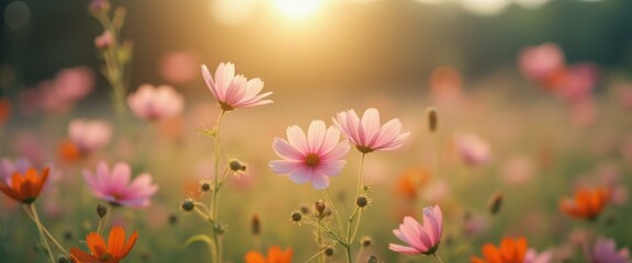 Poster - Field of Pink and Orange Cosmos Flowers Blooming in Golden Sunset Light, Soft Focus Background, Summer Garden
