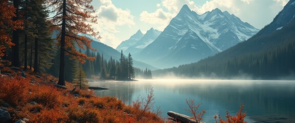 Aufkleber - Autumn Serenity: Tranquil Lake Surrounded by Forest and Majestic Mountains on a Misty Morning