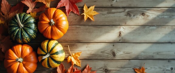 Poster - Autumn Harvest: Pumpkins and Fall Leaves on Rustic Wood for Thanksgiving Decor and Seasonal Backdrop