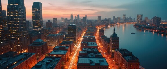 Aufkleber - Cityscape at dusk with illuminated skyscrapers, rivers, and streets in an urban environment
