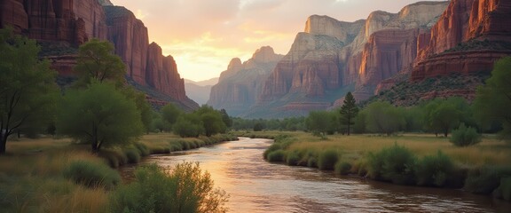 Poster - Scenic Canyon Landscape with River and Red Rock Formations at Sunset