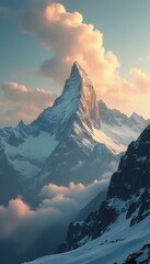 Aufkleber - Majestic Mountain Peak Bathed in Golden Light Pierces Through Layers of Clouds at Dawn