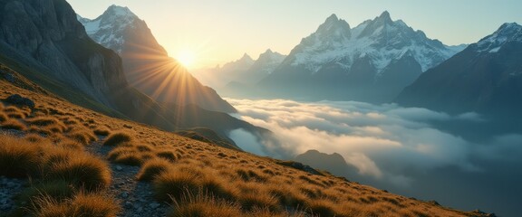Aufkleber - Mountain peak vista at sunrise with golden light, alpine meadows, and a valley filled with clouds, creating a serene and majestic