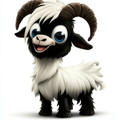 Poster - Charming Cartoon Goat with Big Eyes and Curly Horns on a White Background