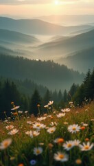 Aufkleber - Serene Mountain Vista at Sunset with Meadow of Daisies in Foreground, Mist Shrouded Valleys and Soft Golden Light
