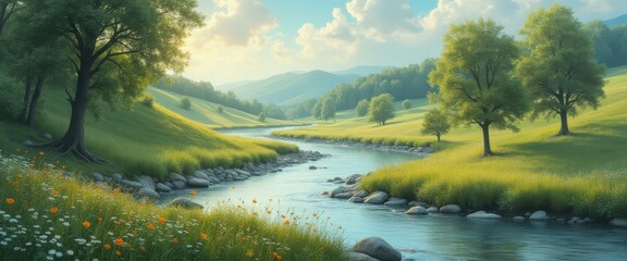 Poster - Tranquil River Flowing Through a Lush Green Valley with Rolling Hills and Scattered Trees Under a Bright, Cloud-Studded Sky