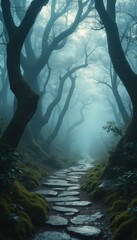 Poster - Mystical Forest Path: Foggy Stone Trail Through Ancient Trees in a Dreamlike Landscape