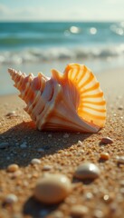 Poster - Seashell on sandy beach at sunrise with ocean in background - natural beauty and serene coastal scene