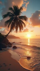 Aufkleber - Dreamy tropical beach with palm tree at sunset reflecting in ocean water on golden sand