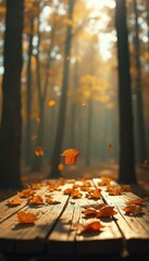 Poster - Autumn Serenity: Floating Maple Leaf in a Forest of Golden Hues on a Wooden Surface under Sunlit Canopy