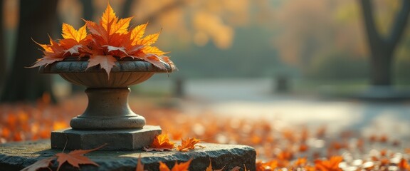 Poster - Autumnal Display: Vibrant Orange Leaves in a Stone Urn, Embracing the Fall Season's Beauty
