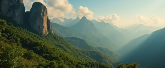 Aufkleber - Dramatic mountain landscape featuring towering rock formations, lush green forests, and a serene, sunlit valley