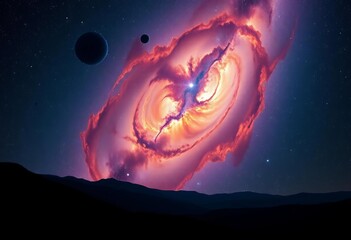 Wall Mural - Ethereal landscape silhouetted against a vibrant galaxy backdrop, swirling nebulae and countless stars , night, digital art