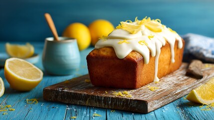 Poster - Classic lemon loaf cake on a wooden board garnished with frosting and lemon shavings fast and tasty dessert, creative banner, copyspace image