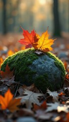Poster - Autumnal Rock Display: Vibrant Maple Leaves on Moss-Covered Stone in Golden Sunlight