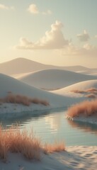 Poster - Tranquil ethereal landscape featuring white sand dunes, still water reflections, and sunlit tufts of grass under a soft, pastel sky