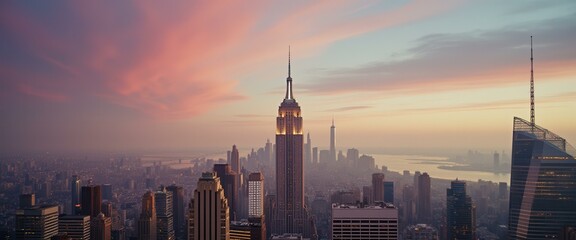 Poster - Stunning view of a fictional cityscape bathed in the warm glow of a vibrant sunset, showcasing iconic architecture and a sense of