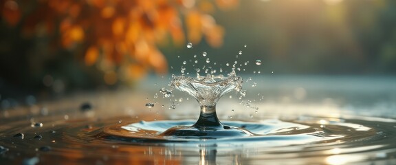 Poster - Water droplet collision creates crown splash on a serene lake surface