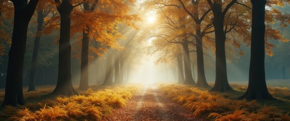 Poster - Autumnal Forest Path with Misty Sunlight and Golden Foliage - Serene Landscape Scene