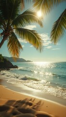 Poster - Tropical beach paradise with swaying palm trees and shimmering turquoise water under a bright sun