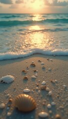 Poster - Sunrise Beach Serenity: Seashells Glistening on Sand, Turquoise Waves