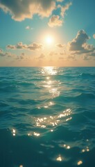 Poster - Peaceful turquoise ocean ripples under a bright sun with scattered clouds, creating a serene and reflective seascape at daytime