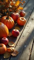 Aufkleber - Rustic Autumn Still Life: Pumpkins, Apples, and Golden Leaves on Weathered Wooden Boards in Warm Sunlight