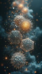 Fototapete - Ethereal Geometric Ornaments Floating in a Shimmering, Dark Blue and Gold Abstract Space